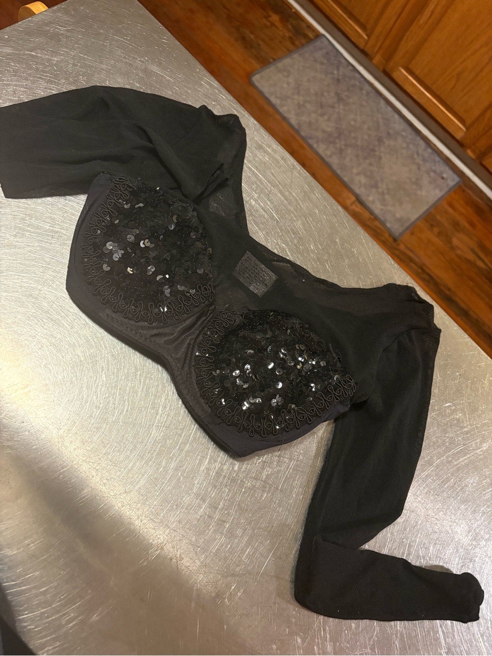 Black Sequin Strapless Bustier Bra with Sheer Long Sleeves